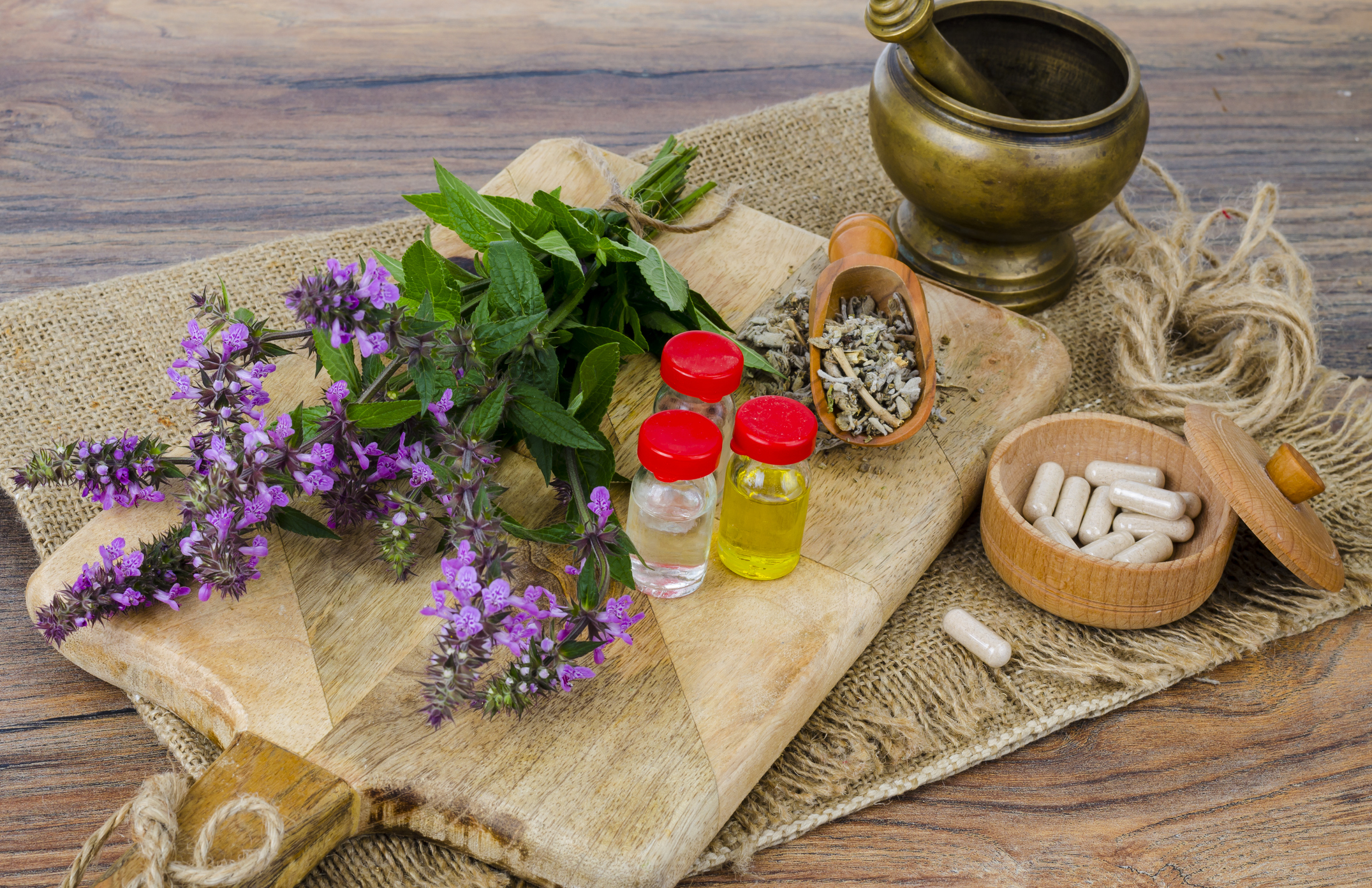 Pills and oil from medicinal plants. Studio Photo